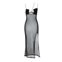Polyester Slim & High Waist Sexy Package Hip Dresses see through look & side slit & backless & hollow Solid black PC