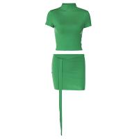 Polyester Slim Two-Piece Dress Set midriff-baring & two piece patchwork Solid green Set