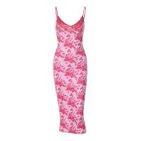 Polyester Slim & High Waist Sexy Package Hip Dresses midriff-baring printed fuchsia PC