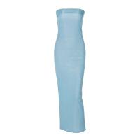 Acrylic Slim & High Waist Tube Top Dress backless & off shoulder patchwork Solid blue PC
