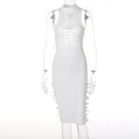 Polyester Slim & High Waist Sexy Package Hip Dresses backless & hollow printed Solid white PC