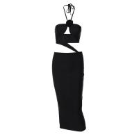 Polyester Slim & High Waist Sexy Package Hip Dresses backless & off shoulder & hollow patchwork Solid black PC