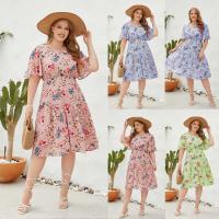 Chiffon & Polyester Waist-controlled & Plus Size One-piece Dress mid-long style & slimming printed floral PC