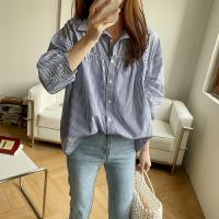 Cotton Soft Women Long Sleeve Shirt & loose & breathable striped blue PC