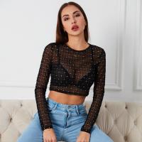 Polyester Women Long Sleeve Blouses midriff-baring & see through look black PC