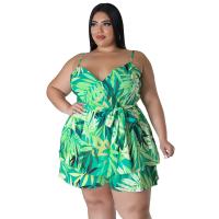 Polyester Waist-controlled & Plus Size Women Casual Set deep V & backless & two piece & off shoulder short pants & camis printed leaf pattern Set