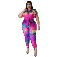 Polyester Plus Size Women Casual Set & two piece & skinny Long Trousers & top printed Set