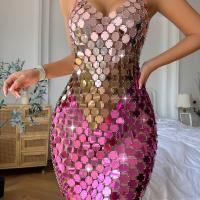 Metal & Acrylic Slim Backless Dress hollow patchwork fuchsia : PC