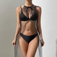 Nylon Swimming Cover Ups & hollow & with rhinestone patchwork black PC
