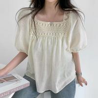 Polyester Women Short Sleeve Shirt & loose & hollow Solid PC