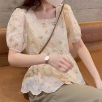 Polyester lace & Soft Women Short Sleeve Shirt & breathable printed shivering Apricot PC