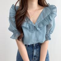 Chiffon lace Women Short Sleeve Shirt see through look Solid PC