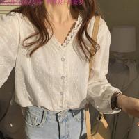 Cotton Soft Women Long Sleeve Shirt & loose & hollow Solid white PC