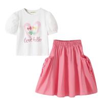 Polyester Girl Clothes Set & two piece & loose skirt & top printed letter pink and white Set