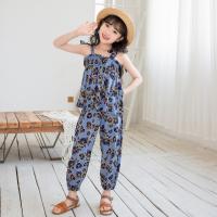 Polyester Girl Clothes Set Cute & two piece Pants & camis printed floral blue Set