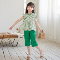 Polyester Girl Clothes Set Cute & two piece Pants & top printed shivering green Set