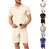 Waffle Men Casual Set & two piece Boutonniere & short & short sleeve T-shirts plain dyed Solid Set