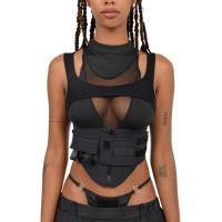Polyester Waist-controlled Tank Top see through look & hollow patchwork Solid black PC