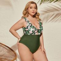 Polyester Plus Size & High Waist One-piece Swimsuit deep V printed shivering green PC