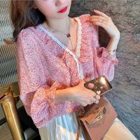 Chiffon lace Women Long Sleeve Shirt & loose printed shivering pink PC