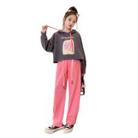 Polyester Girl Clothes Set & two piece & loose Pants & top printed letter pink and grey Set