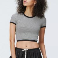 Polyester Slim Women Short Sleeve T-Shirts midriff-baring & backless striped PC