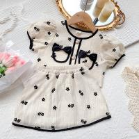 Cotton Girl Two-Piece Dress Set with bowknot & two piece & breathable printed Apricot Set