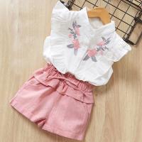 Cotton lace Girl Clothes Set & two piece & breathable printed floral white Set