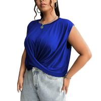 Cotton Women Sleeveless T-shirt & loose patchwork Solid blue PC
