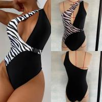 Polyamide One-piece Swimsuit backless & hollow & One Shoulder printed striped two different colored PC