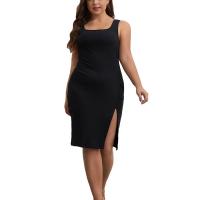 Rayon Slim Sexy Package Hip Dresses side slit patchwork Solid black PC