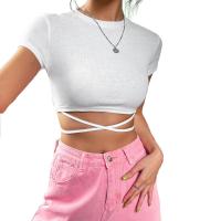 Knitted Slim Women Short Sleeve T-Shirts midriff-baring patchwork Solid white PC
