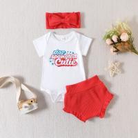 Polyester Girl Clothes Set & three piece Hair Band & Pants & top printed letter white Set