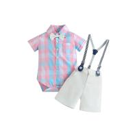 Polyester Boy Clothing Set Cute & two piece suspender pant & top printed plaid pink and white Set