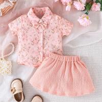 Polyester Girl Clothes Set Cute & two piece Pants & top printed floral pink Set