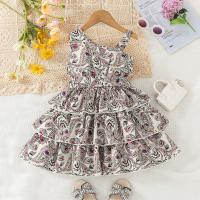 Polyester Girl One-piece Dress Cute printed floral gray PC