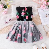 Polyester Girl One-piece Dress Cute printed floral black PC