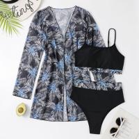 Spandex & Polyester Bikini & three piece & padded printed leaf pattern Set