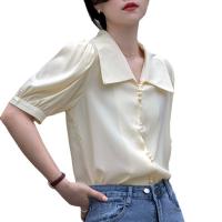 Fibra de celulosa regenerada & Poliéster & Algodón Mujeres camisa de manga corta, teñido de manera simple, Sólido, más colores para elegir,  trozo