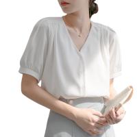 Chiffon Women Short Sleeve Shirt plain dyed Solid white PC