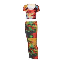 Polyester Slim & High Waist Two-Piece Dress Set deep V & two piece printed multi-colored PC