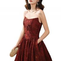 Polyester Waist-controlled & Slim & High Waist Long Evening Dress & off shoulder patchwork Others wine red PC
