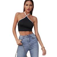 Polyester Tank Top midriff-baring & off shoulder & breathable stretchable Solid black PC