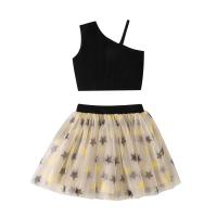 Polyester Girl Clothes Set & two piece skirt & top printed star pattern black Set
