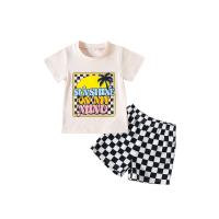 Polyester Boy Clothing Set & two piece Pants & top printed letter Apricot Set