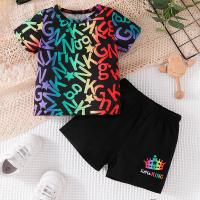 Polyester Boy Clothing Set & two piece Pants & top printed letter black Set