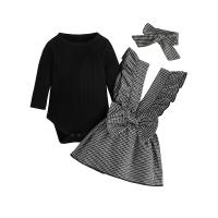Polyester Girl Clothes Set & three piece Hair Band & skirt & top black Set