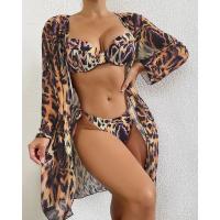 Polyester Bikini & three piece & with cover ups & padded printed leopard coffee Set