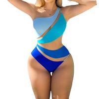 Polyamide & Spandex One-piece Swimsuit & padded plain dyed patchwork blue PC