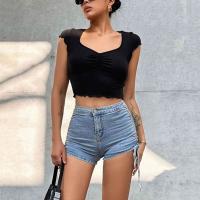 Polyester Slim Women Short Sleeve T-Shirts midriff-baring Solid black PC